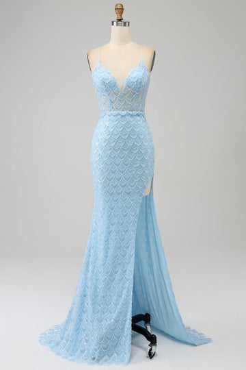 Vestido de fiesta de sirena con tirantes de espagueti azul cielo con purpurina y abertura